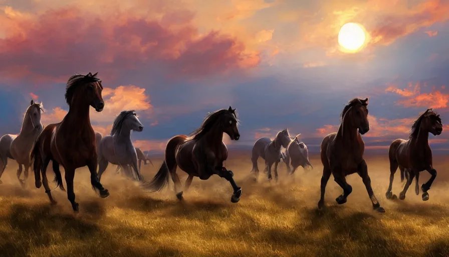 Image similar to horses running on the plain, great sunset behind, hyperdetailed, artstation, cgsociety, 8 k