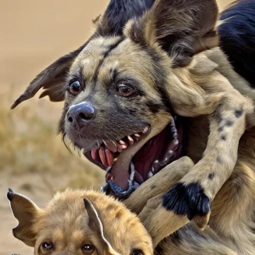 Image similar to National Geographic photo of yoda being eaten by African hunting dogs