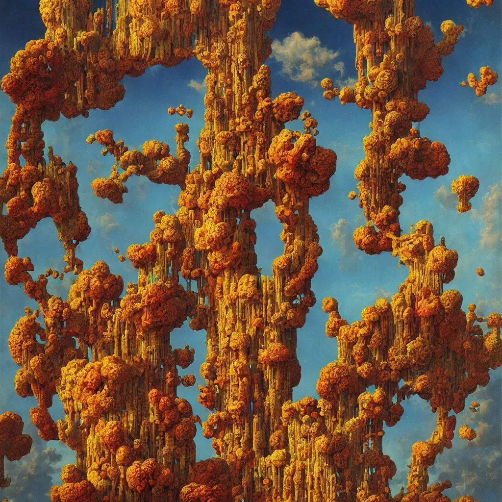 Prompt: a single! colorful!! fungus tower clear empty sky, a high contrast!! ultradetailed photorealistic painting by michael hutter, hard lighting, masterpiece