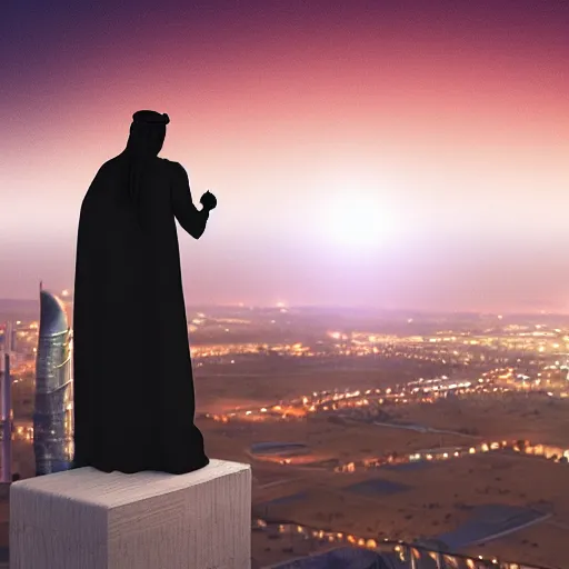 Image similar to arab man overlooking Riyadh city at night silhouette dramatic, dark, superhero, concept design, environment concept, artstation, digital art