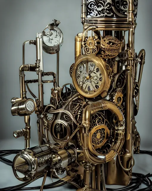 Image similar to surreal explosion of fashion photography of ornate dialysis machine face with carved intricate clockwork and tubes cables, liquid in tubes dialysis machine, beautiful composition, wide angle