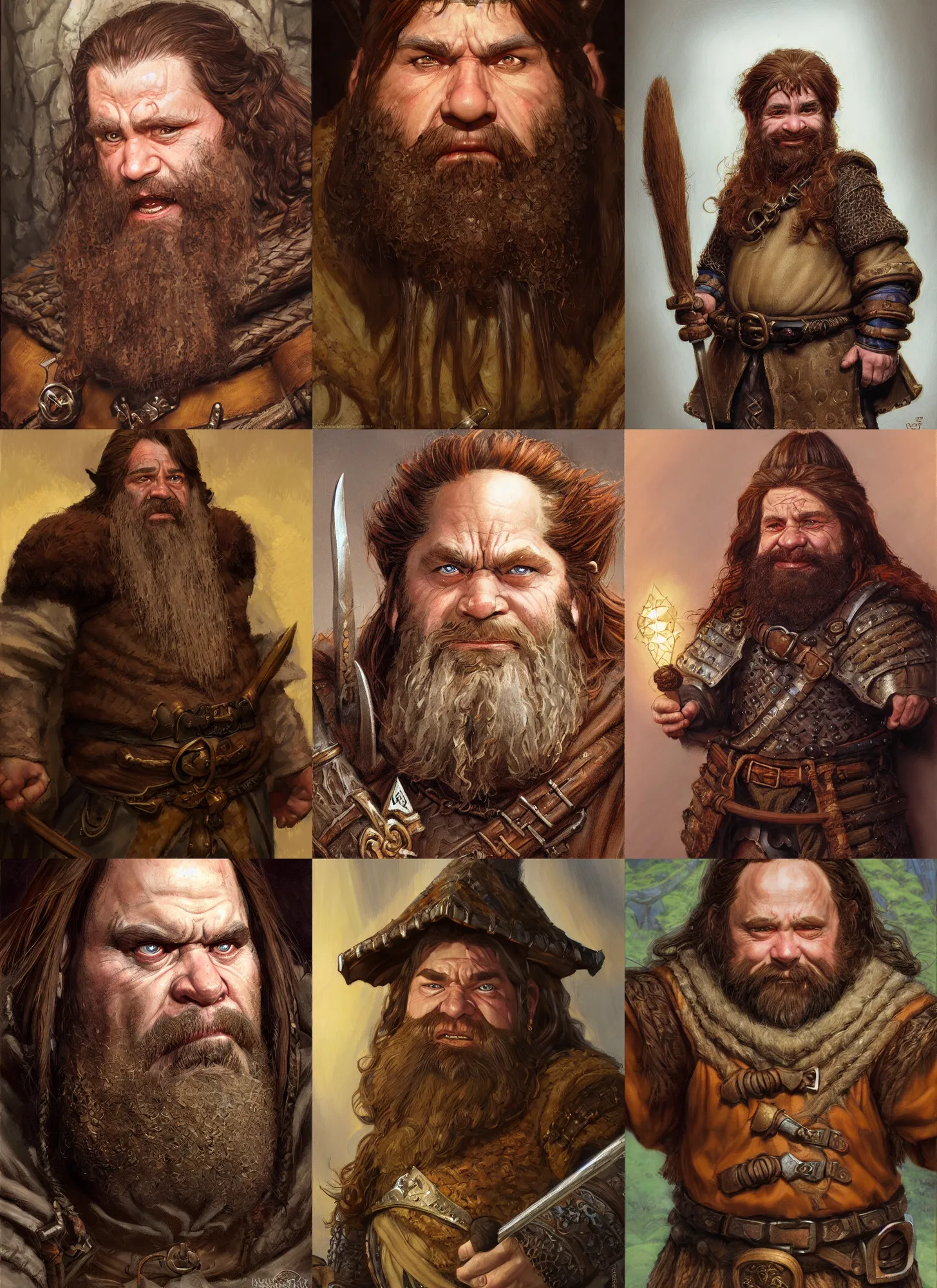 Prompt: a portrait of a gruff dwarf with brown hair, medieval attire, style by donato giancola, wayne reynolds, jeff easley dramatic light, high detail, cinematic lighting, artstation, dungeons and dragons