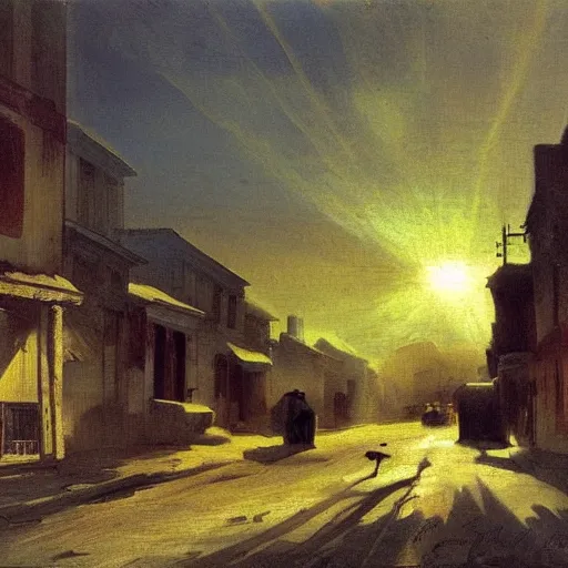 Prompt: oil painting of american old west town, dusty street, sunrays, dramatic, very very very beautiful art, romanticism by goya