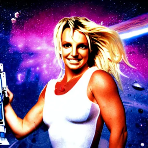 Image similar to of a poster photo of britney spears as a hero sci fi space cosmonaut holding a vintage raygun in a nice action pose, there is an explosion on the background shaking britney's hair, she is smiling, opps i did it again, f 2. 8, advertising lighting, new blockbuster,