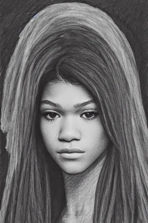 Prompt: a portrait of zendaya in the style of leonardo da vinci drawing,, single head, no double head,