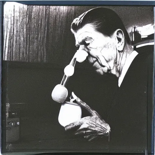 Prompt: Polaroid photograph of Ronald Reagan doing a bong rip