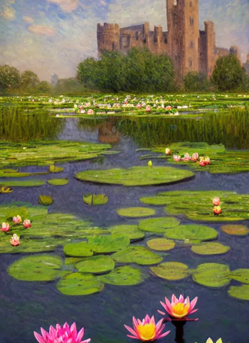 Image similar to close - up of a smiling frog in the pond with water lilies, medieval castle on background, shallow depth of field, highly detailed, ominous, digital art, masterpiece, matte painting, sharp focus, matte painting, by isaac levitan, monet, asher brown durand,