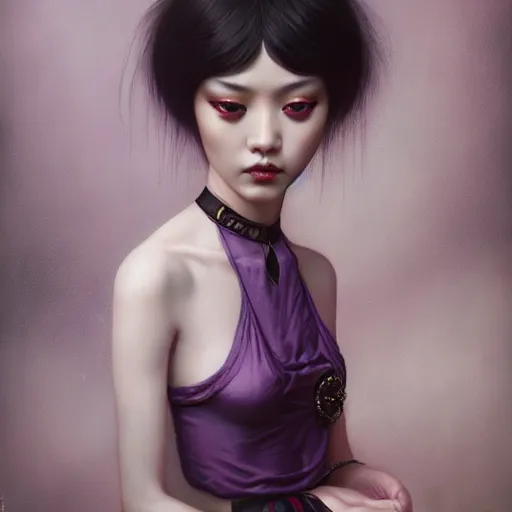 Prompt: photorealistic soft paint of absurdities and curiosities, very beautiful dollpunk asian female full long dress, ultra deep fog, purple black lustrous thin haircut, partial symmetry accurate features, focus, very intricate ultrafine details, award winning masterpiece, tom bagshaw ross tran