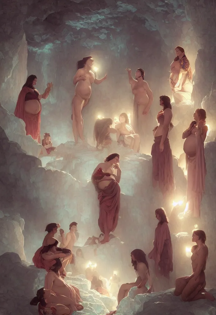 Image similar to epic pregnant woman talking to all her tribe with fluorescence bodies, proud people gather around the pregnant woman, ice cave, intricate, elegant, highly detailed, digital painting, artstation, concept art, smooth, sharp focus, illustration, art by artgerm and greg rutkowski and alphonse mucha and william - adolphe bouguereau