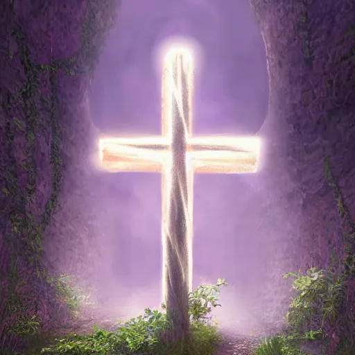 Image similar to a christian cross as the light at the end of the tunnel, with pale purple and pale pink lighting, with a few vines and overgrowth, studio ghibli, cinematic, realistic painting, high definition, digital art, symmetrical, very detailed, extremely high detail, photo realistic, concept art, unreal engine 5,