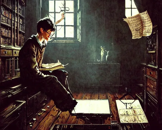 Prompt: a epic norman rockwell painting portrait of harry potter listening to music in a dark liminal space room, gritty tech, deep focus, fantasy, intricate, elegant, highly detailed, digital painting, artstation, concept art, matte, sharp focus, illustration, dark fantasy style art, resident evil, art by artgerm and greg rutkowski and alphonse mucha