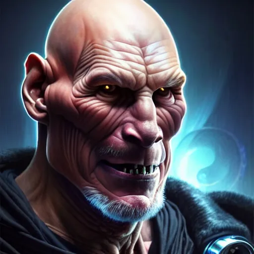 Image similar to portrait painting of a cyberpunk orc doctor extremely muscular patrick stewart with fangs and tusks, ultra realistic, concept art, intricate details, eerie, highly detailed, photorealistic, octane render, 8 k, unreal engine. art by artgerm and greg rutkowski and charlie bowater and magali villeneuve and alphonse mucha