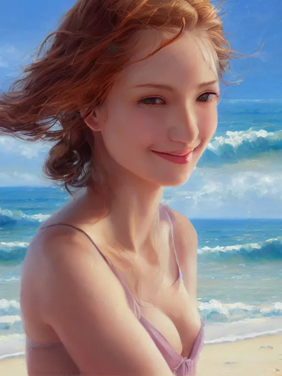 Prompt: Classical oil painting of a smiling woman on the beach near the ocean, stylistic, brush strokes, oil, canvas, beautiful portrait, anime portrait, official anime artwork, by Stanley Artgerm Lau, WLOP, Rossdraws, James Jean, Andrei Riabovitchev, Marc Simonetti, and Sakimi chan