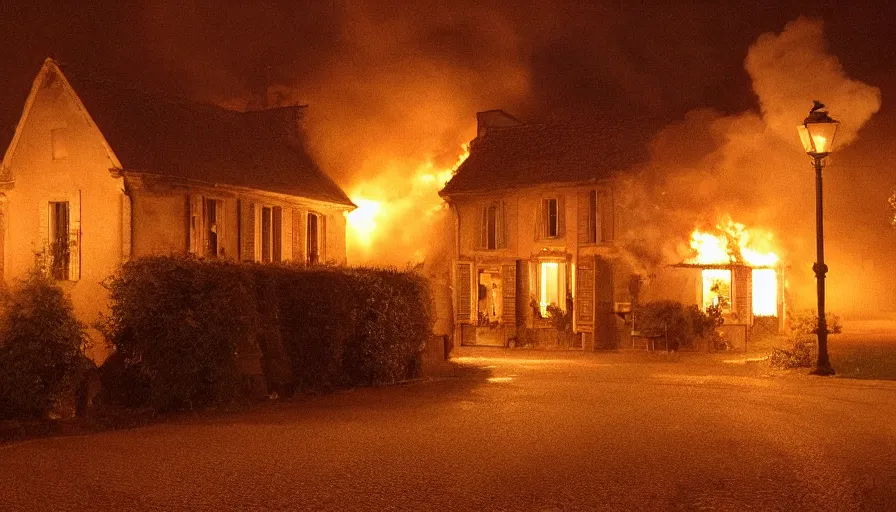 Image similar to mini dv still of a heavy burning french style little house by night in autumn, in a small northern french village, by sony mini dv camera, heavy grain, low quality, high detail, dramatic light, anamorphic, flares