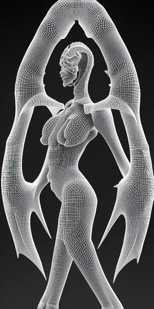 Image similar to a black and white 3D render of a full figure young female angelic-dragon-cyborg with a very long neck, Mandelbrot fractal, anatomical, flesh, facial muscles, veins, arteries, full frame, microscopic, elegant, highly detailed, flesh ornate, elegant, high fashion, rim light, 150 mm lens, octane render in the style of H.R. Giger and Man Ray, Realistic, Refined, Digital Art, Highly Detailed, Cinematic Lighting, rim light, photo-realistic Unreal Engine, 8K