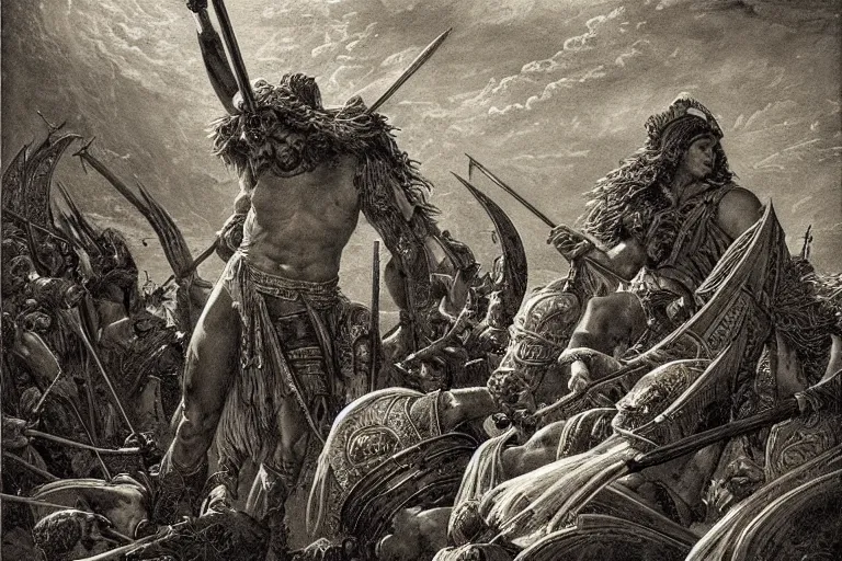 Image similar to highly detailed and cinematic romantic, edge of the universe, the great greek warrior with a spear, symmetrical face, magical, greek myth, masterpiece, from the book of the long sun by gene wolfe, highly detailed painting by gustave dore