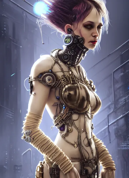 Image similar to soft lustrous ivory ebony biotech raver gutter punk gothic steampunk cyborg, golden ratio, details, scifi, fantasy, cyberpunk, intricate, decadent, highly detailed, digital painting, octane render, artstation, concept art, smooth, sharp focus, illustration, art by artgerm, loish, wlop