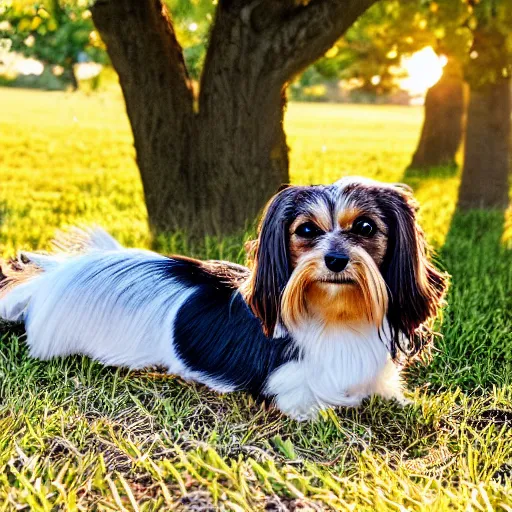 Image similar to the cutest looking mutt who is half long haired dachshund and half shih tzu, laying under a tree on a farm, golden hour, promised land, corn,