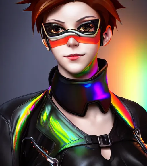 Image similar to portrait bust digital artwork of tracer overwatch, wearing black iridescent rainbow latex, 4 k, expressive happy smug expression, makeup, in style of mark arian, angel wings, wearing detailed black leather collar, chains, black leather harness, detailed face and eyes,