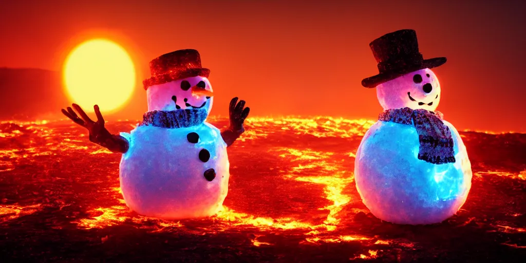 Image similar to a melted glowing snowman melting on top of the sun. the ground is made of fire and lava and is glowing orange. cinematic, dramatic, epic, volumetric lighting, atmospheric, red, orange extremely coherent, 8 k, space, warm, blade runner 2 0 4 9