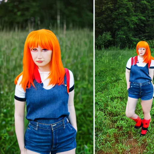 Image similar to misty from pokemon, orange hair in a side ponytail, wearing a yellow shiort sleeved crop top, blue denim short shorts with red suspenders on top, standing in a field, by gottfried helnwein, dslr full body portrait, sigma 8 5 mm f 1. 8