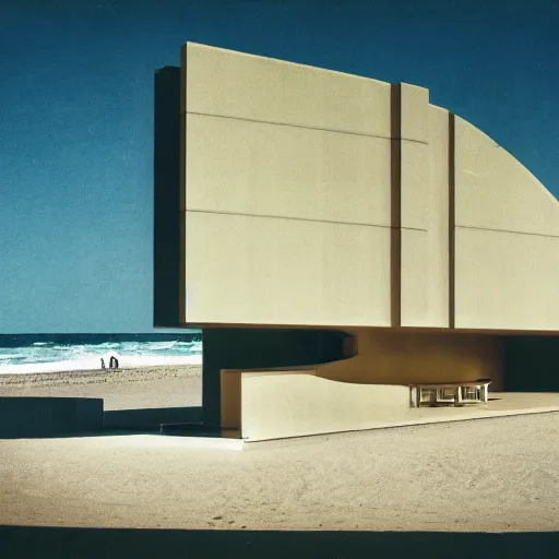 Image similar to architecture ad for a mid-century modern building by the beach designed by Zaha Hadid. Film grain, cinematic, colorized, yellow hue.