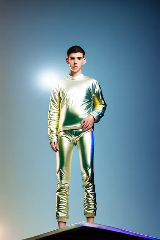 Image similar to un ultra high definition studio quality photographic art portrait of a young man standing on the rooftop of a british apartment building wearing soft baggy inflatable padded silver iridescent pearlescent clothing. three point light. extremely detailed. golden ratio, ray tracing, volumetric light, shallow depth of field. set dressed.