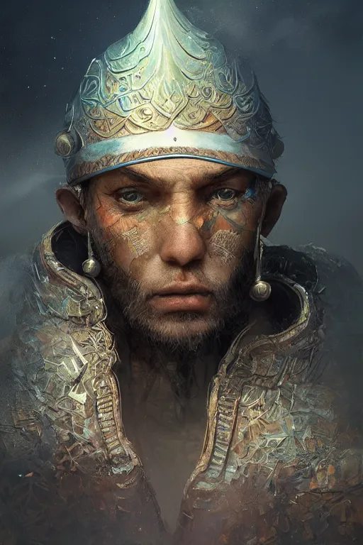 Image similar to gediminas pranckevicius jibaro hindu warrior, close - up portrait, fierce, intricate, elegant, volumetric lighting, scenery, digital painting, highly detailed, artstation, sharp focus, illustration, concept art, ruan jia, steve mccurry