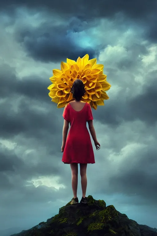 Image similar to closeup girl with huge yellow dahlia flower face, standing on mountain, surreal photography, blue storm clouds, dramatic light, impressionist painting, digital painting, artstation, simon stalenhag