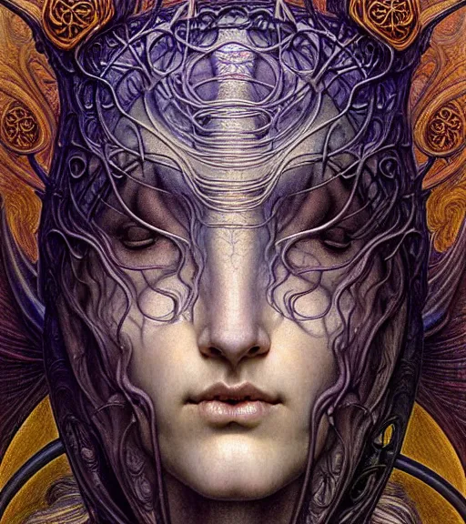 Image similar to detailed realistic beautiful young medieval alien queen face portrait by jean delville, gustave dore and marco mazzoni, art nouveau, symbolist, visionary, gothic, pre - raphaelite, iridescent fractal details. horizontal symmetry by zdzisław beksinski, iris van herpen, raymond swanland and alphonse mucha. highly detailed, hyper - real, beautiful