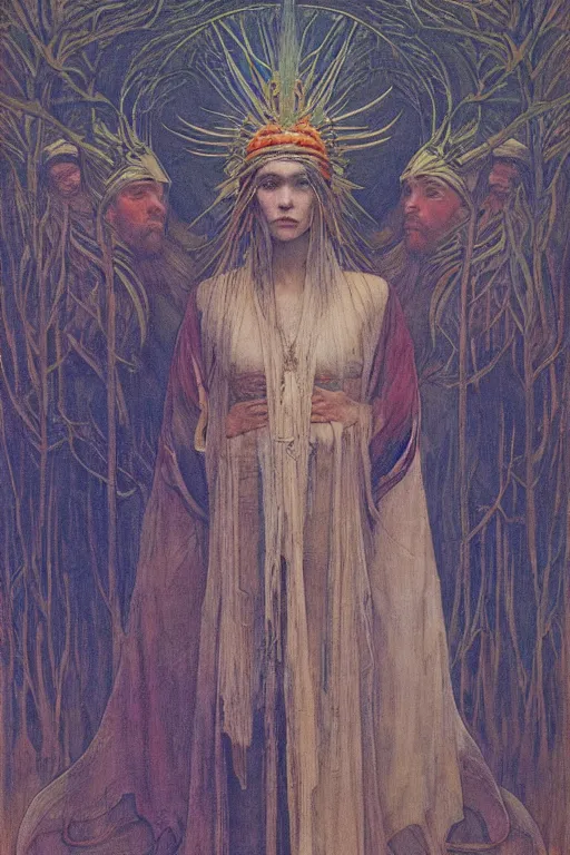 Image similar to queen of the last forest, by Annie Swynnerton and Nicholas Roerich and jean delville, strong dramatic cinematic lighting , ornate headdress , flowing robes, lost civilizations, smooth, sharp focus, extremely detailed
