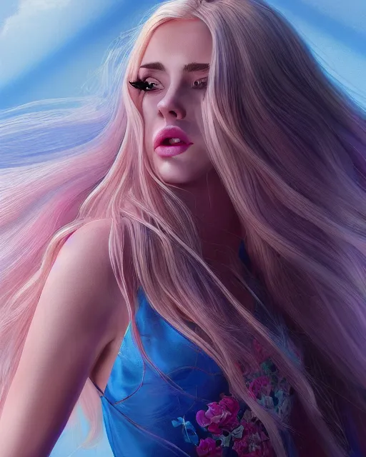 Prompt: side closeup of beautiful female with long blonde hair blue eyes pink silk dress, award winning full length profile photography, extremely detailed, artstation, 8 k, sensual lighting, incredible art, wlop, pixar, disney, artgerm, backlit, rim lighting, hi - fructose, cellshading, intricate lineart