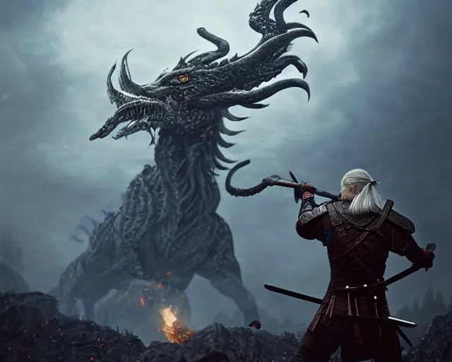 Image similar to 5 5 mm portrait photo of geralt fighting a 5 headed hydra with igni aign. magical atmosphere. art by greg rutkowski. highly detailed 8 k. intricate. lifelike. soft light. nikon d 8 5 0.