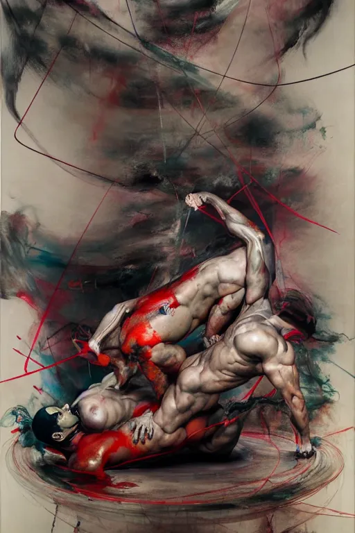 Image similar to two muscular men entwined, floating inside a brutalist space ship, gothic, rich deep colours, painted by francis bacon, adrian ghenie, james jean and jenny saville, part by gerhard richter, part by takato yamamoto. 8 k 3 d