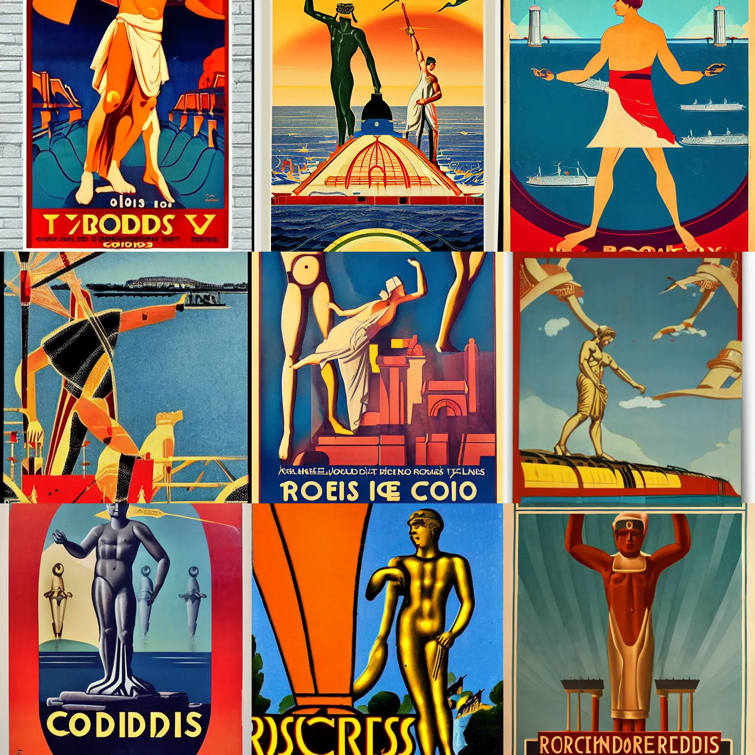 Prompt: art deco railway poster of the colossus of rhodes