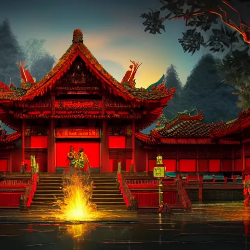 Image similar to a beautiful red asian temple with green details surrounded by torches of blue goblin fire, digital art, 4 k, trending on artstation, devianart and cgsociety