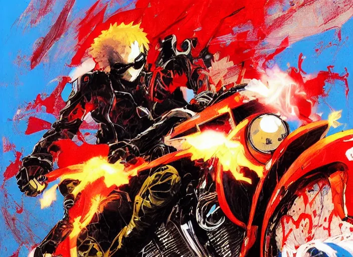 Image similar to anime key visual concept art of marvel ghost rider, riding a red akira motorcycle, by ashley wood, yoji shinkawa, jamie hewlett, 6 0's french movie poster, french impressionism, vivid colors, palette knife and brush strokes, style of kawacy and makoto shinkai and greg rutkowski