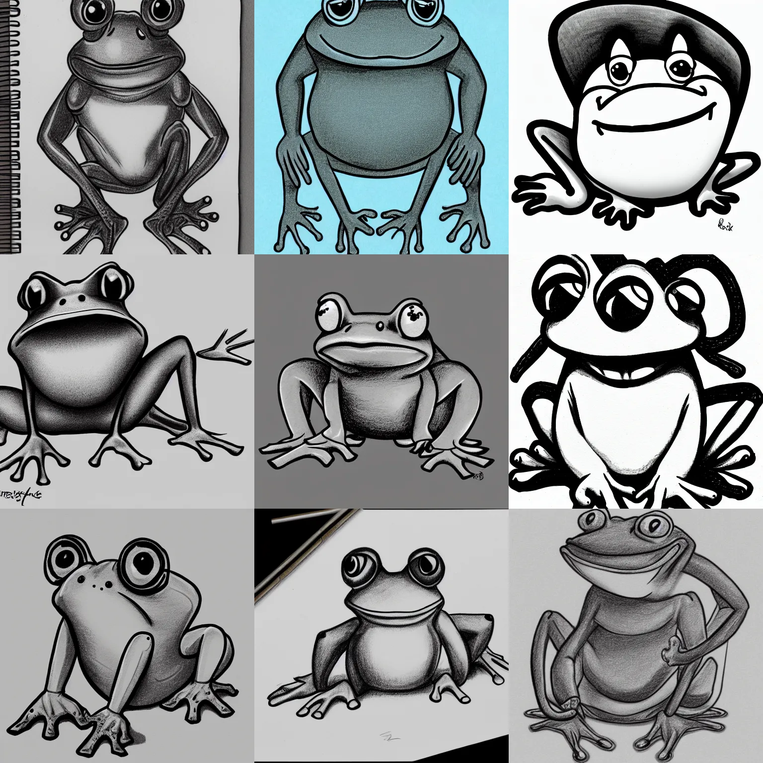 Prompt: A Rubber Hose style anthropomorphic frog, cartoon, pencil sketch