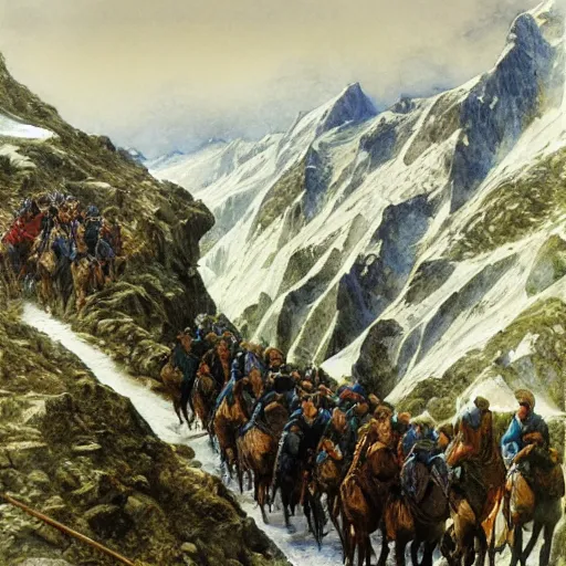 Prompt: carthaginians crossing the alps, alan lee