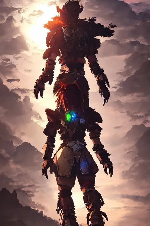 Image similar to combination suit armor aloy horizon forbidden west horizon zero dawn radiating a glowing aura global illumination ray tracing hdr fanart arstation by ian pesty and alena aenami artworks in 4 k tribal robot ninja mask helmet backpack