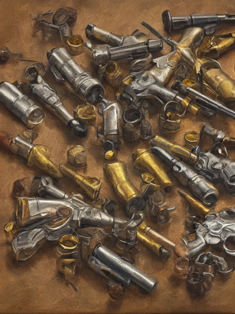 Prompt: oil painting of revolvers and bullets on a wall, ultrarealistic, intricate details, 4k