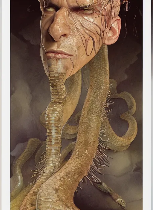 Prompt: a portrait of a male character, vertical snake nostrils against skin, in a scenic environment by Ross Tran and by Jesper Ejsing and by Mikalojus Konstantinas Ciurlionis