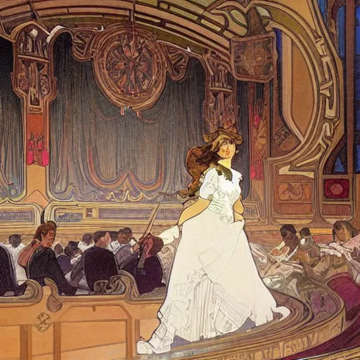 Image similar to painting by alphonse mucha, interior of an opera house with a singer in a white dress on a lighted stage with an orchestra and audience in the hall