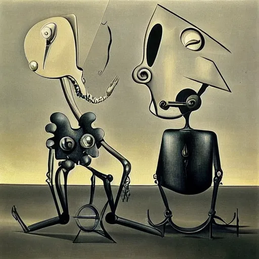 Image similar to Two mechanical beings in a deep conversation. Dali. Yves Tanguy,