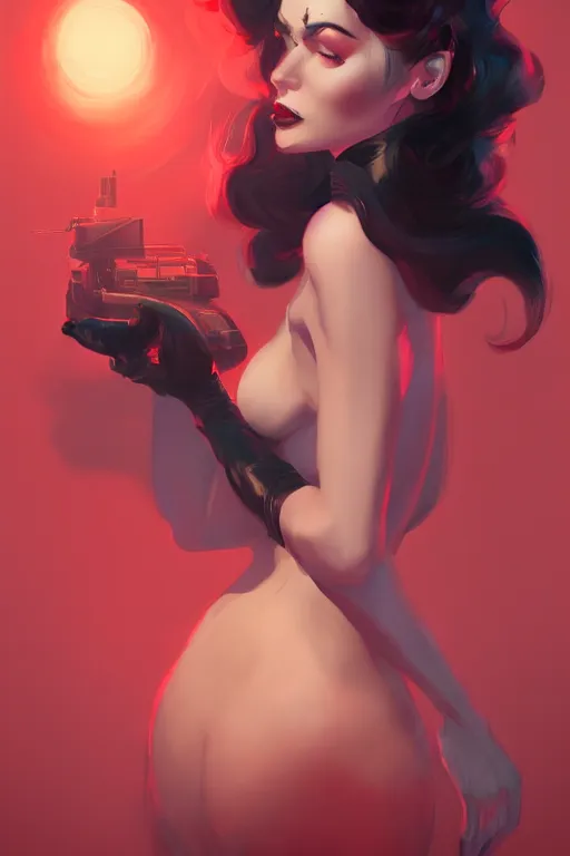 Prompt: noir femme fatale by sabbas apterus and james jean, warm saturated colors, concept art, beautiful composition, digital painting, trending on artstation