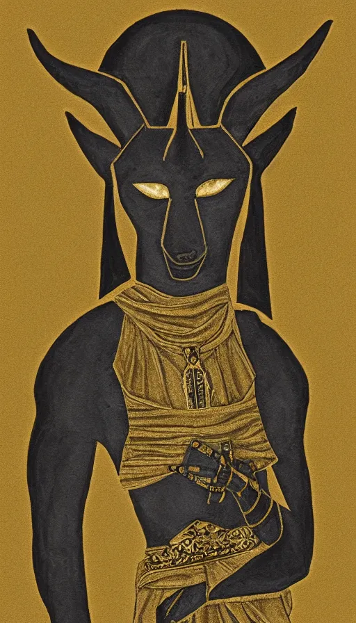 Prompt: obsidian Anubis wearing a gold-rimmed toga, in the style of Lee Jeffries