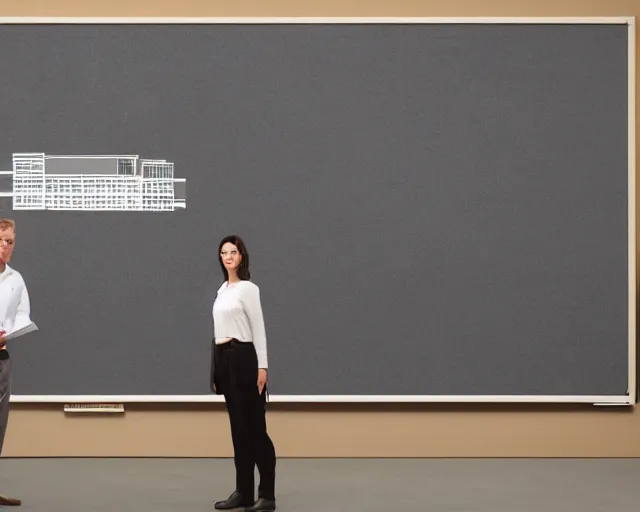 Image similar to a man standing next to a woman in front of a whiteboard, a computer rendering by Richard Artschwager, behance, modular constructivism, matte drawing, matte painting, studio portrait, diorama