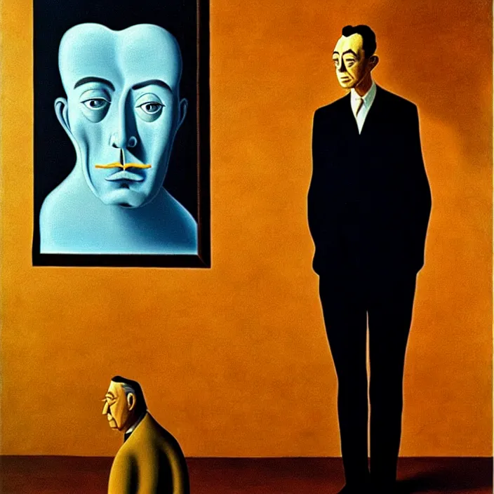 Image similar to camus pondering about the absurdity of existence, by salvador dali and rene magritte, oil on canvas, dramatic lighting