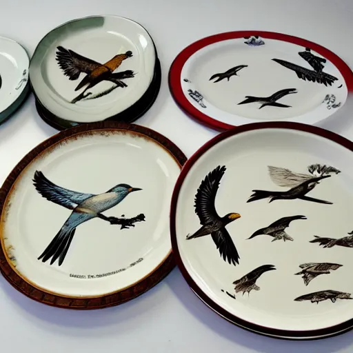 Prompt: decorative plates depicting migratory birds.