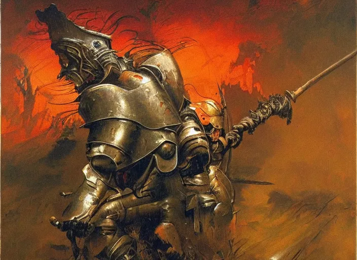 Prompt: a detailed and vibrant painting inspired by beksinski and frank frazetta of a powerful paladin wearing a full metal plate armor and holding a sword fighting craven the hunter